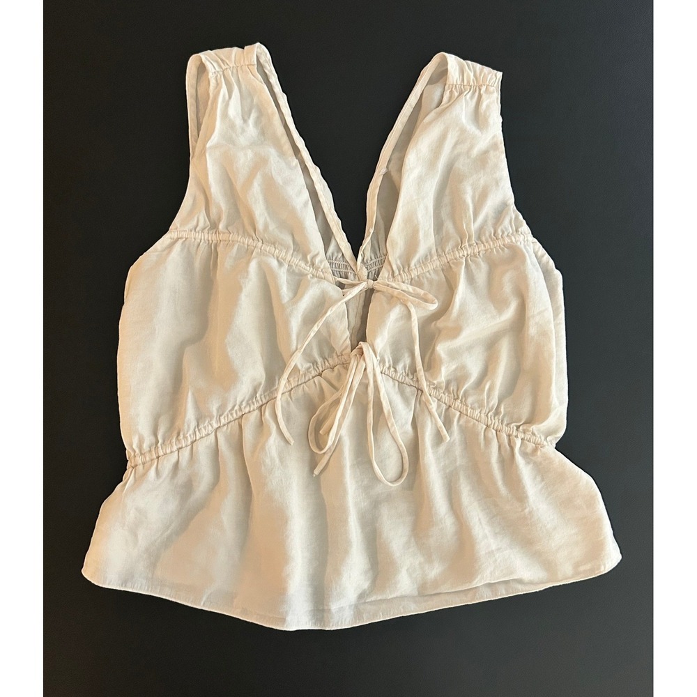Cream Linen Blend Smocked Peplum Top Sleeveless Double Tie Front V-Neck 1560
